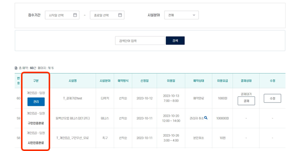나의 예약현황 팀장인 경우 팀원[관리]버튼이 표시됩니다. 팀원의 경우 인증여부가 표시됩니다.