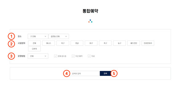 통합검색화면 - 1,2,3,4의 검색조건을 선택 후 [검색]버튼을 선택합니다.
